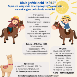 Plakat wakacyjnych półkolonii w siodle w klubie KRES.