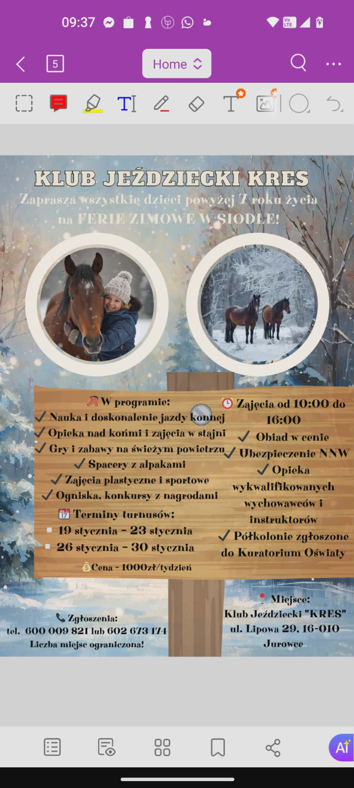 Plakat ferii zimowych 2026 w siodle w klubie KRES.